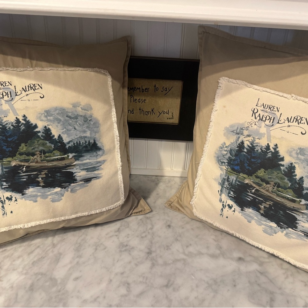 2 Ralph Lauren Beige and Blue Scenic Pillows